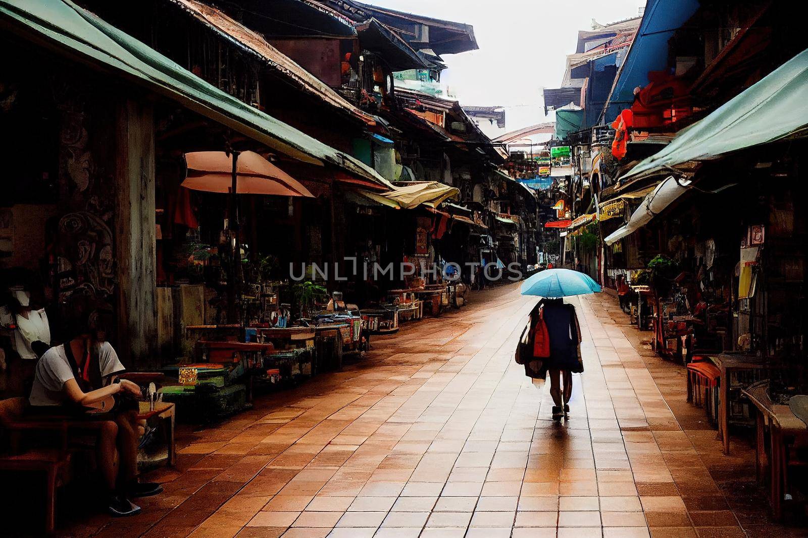 anime style, bangkok Thailand24Dec2021Atmosphere early the day on a walkway in the old town vintage of the capital city popular with tourists Both Thai and foreigners are quiet both on sidewalk and on