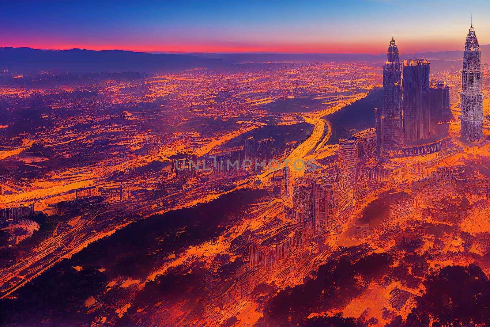 Cartoon drawing Cartoon drawing Kuala Lumpur Malaysia June Aerial view Panorama illustration of the Kuala Lumpur City of Malaysia Sunrise illustration , Anime style no watermark