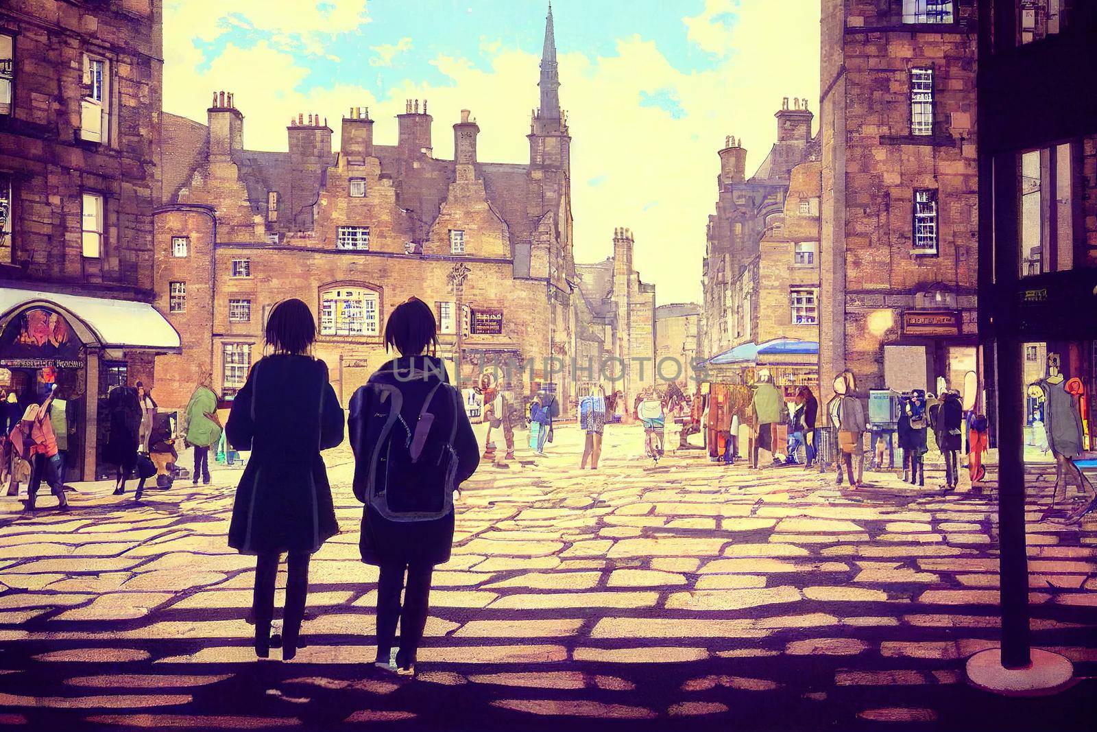 anime Tourists walking around the capital city This is a famous landmark Edinurgh city centre scotland Uk th 2 , Anime style no watermark