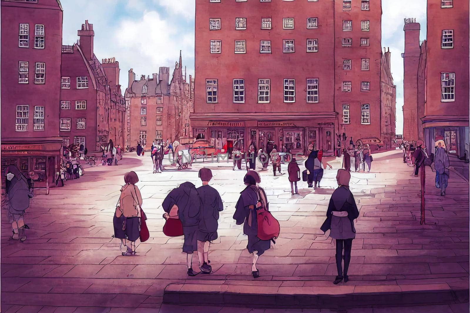 cartoon drawing Tourists walking around the capital city This is a famous landmark Edinurgh city centre scotland Uk th 2 , Anime style no watermark