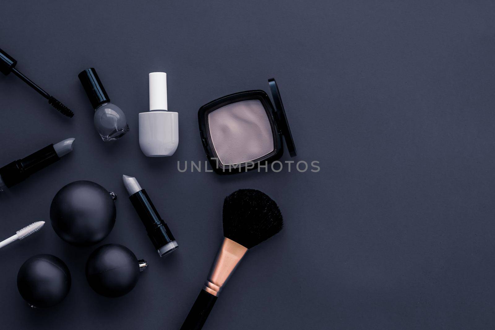 Make-up and cosmetics product set for beauty brand Christmas sale promotion, luxury black flatlay background as holiday design by Anneleven