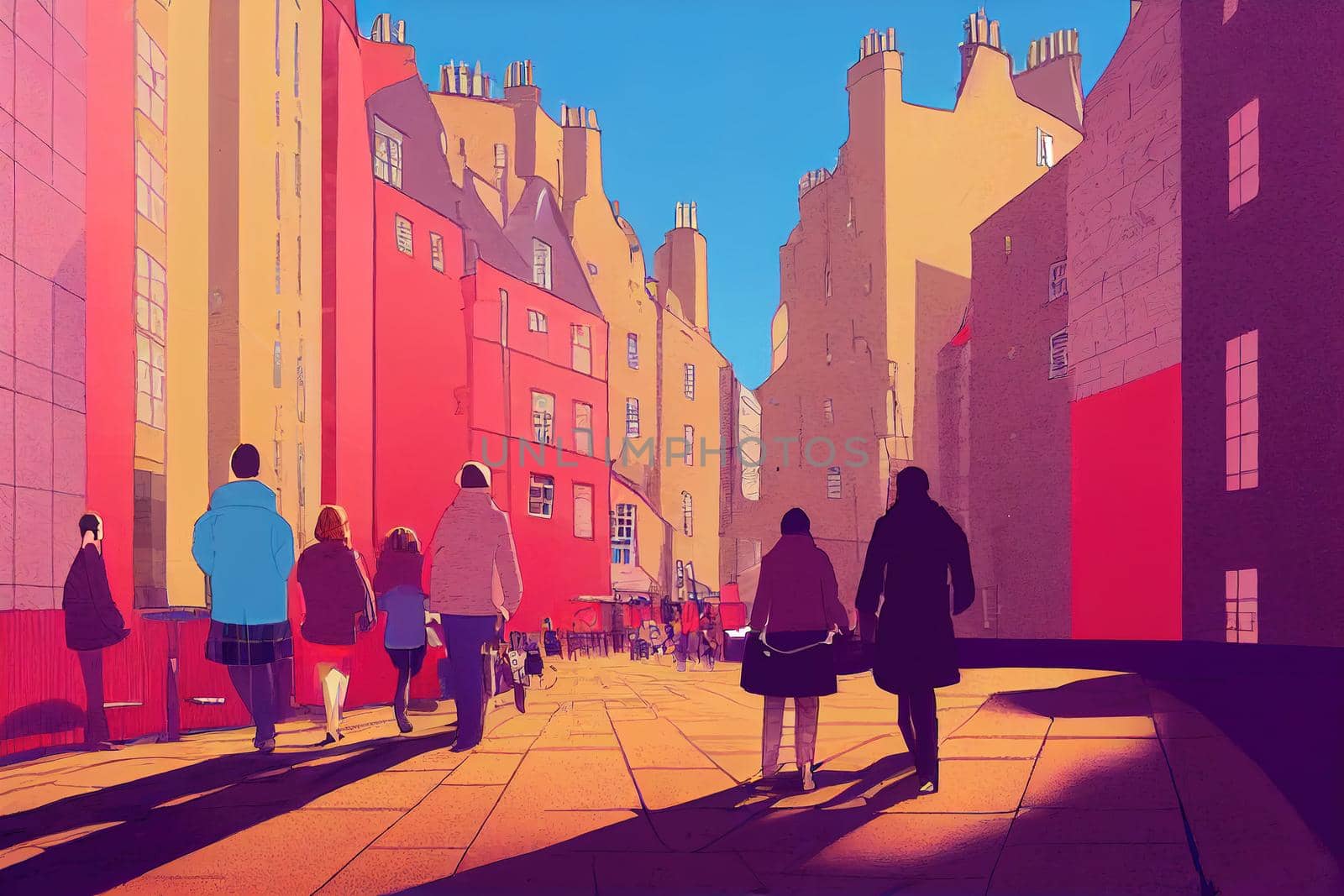 cartoon drawing Tourists walking around the capital city This is a famous landmark Edinurgh city centre scotland Uk th 2 , Anime style no watermark