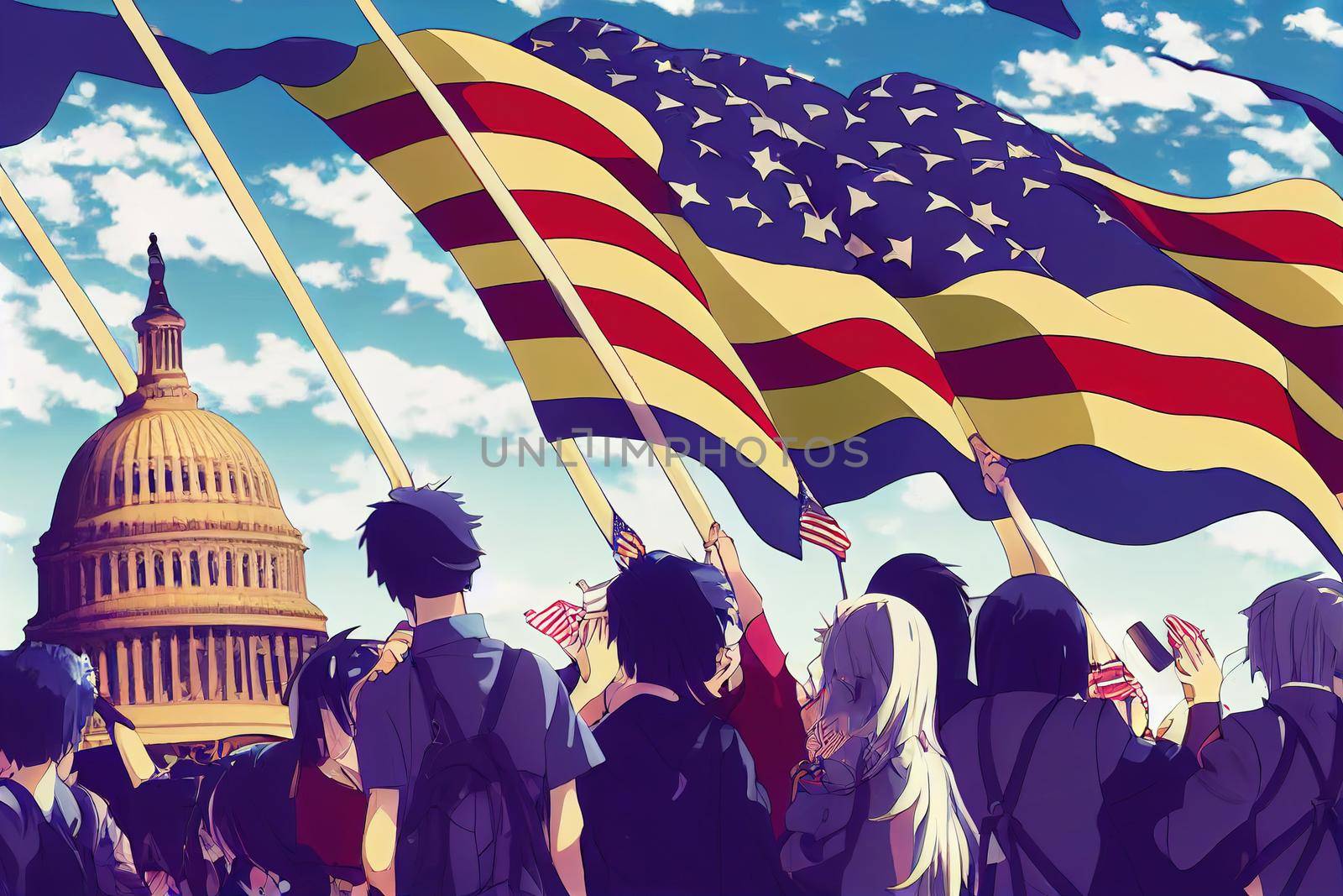 anime style, American flag waving with the US Capitol by 2ragon