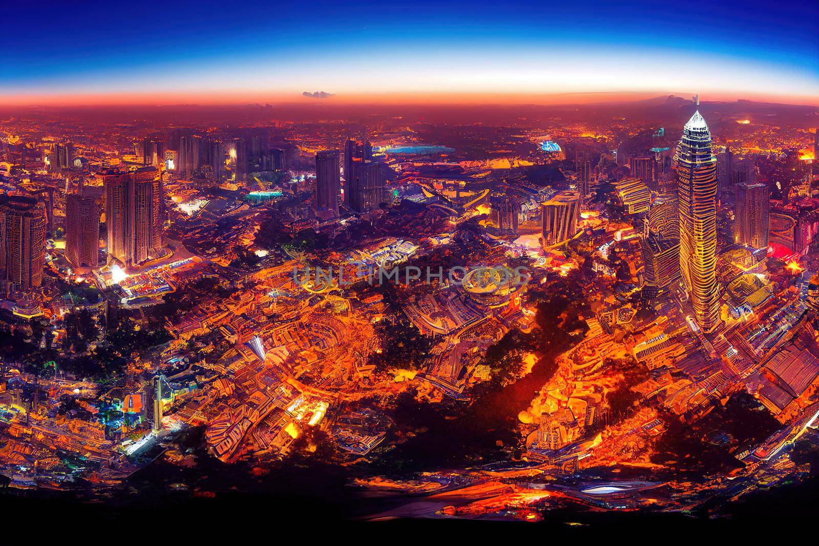 Cartoon drawing Cartoon drawing Kuala Lumpur Malaysia June Aerial view Panorama photo of the Kuala Lumpur City of Malaysia Sunrise photo , Anime style