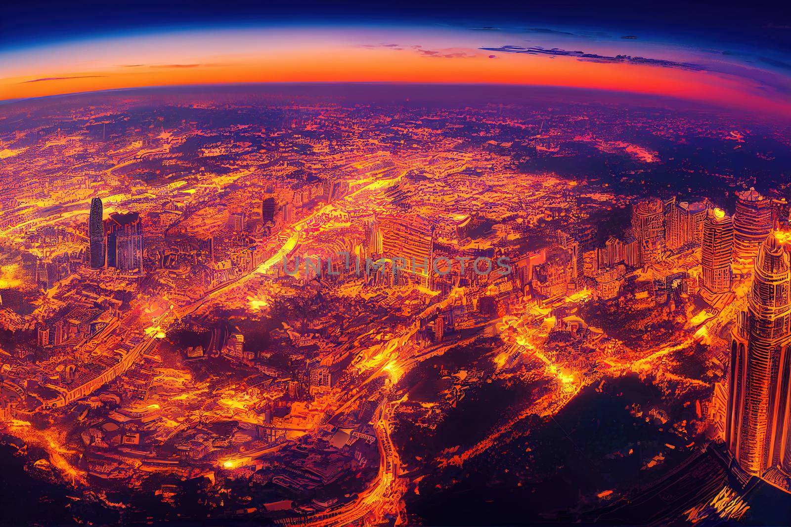 Cartoon drawing Cartoon drawing Kuala Lumpur Malaysia June Aerial view Panorama illustration of the Kuala Lumpur City of Malaysia Sunrise illustration , Anime style no watermark