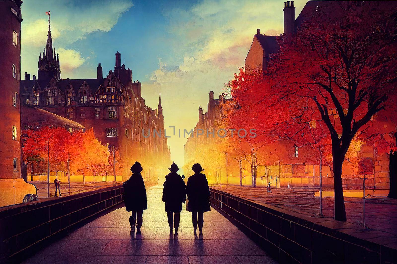 anime Tourists walking around the capital city This is a famous landmark Edinurgh city centre scotland Uk th 2 , Anime style no watermark