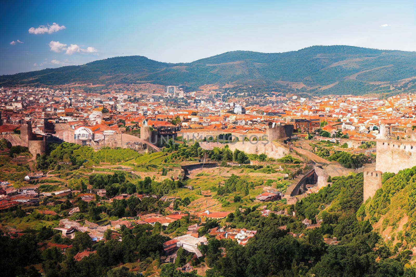 anime style, Historical Abanotubani district in Tbilisi city Georgia Old town of Tbilisi at sunny day Establishing shot Georgian capital cityscape with Narikala Fortress and historic buildings , Anime