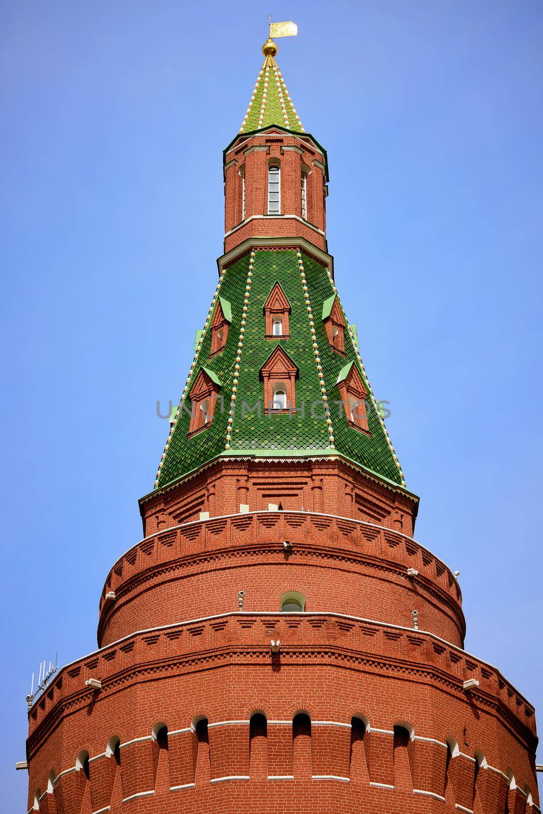 Corner Arsenal (Sobakina) tower of the Moscow Kremlin. The most massive of all the towers of the Kremlin. A Popular Attraction In Moscow. 11.05.2022 Moscow, Russia.