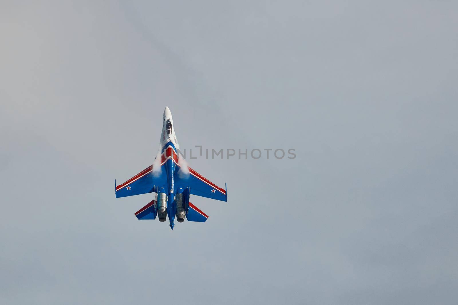 Performance of the aerobatic team Russian Knights, Russian Air Force. On planes Sukhoi Su-30SM, NATO code name: Flanker-C. International Military-Technical Forum Army-2020 . 09.25.2020, Moscow, Russia