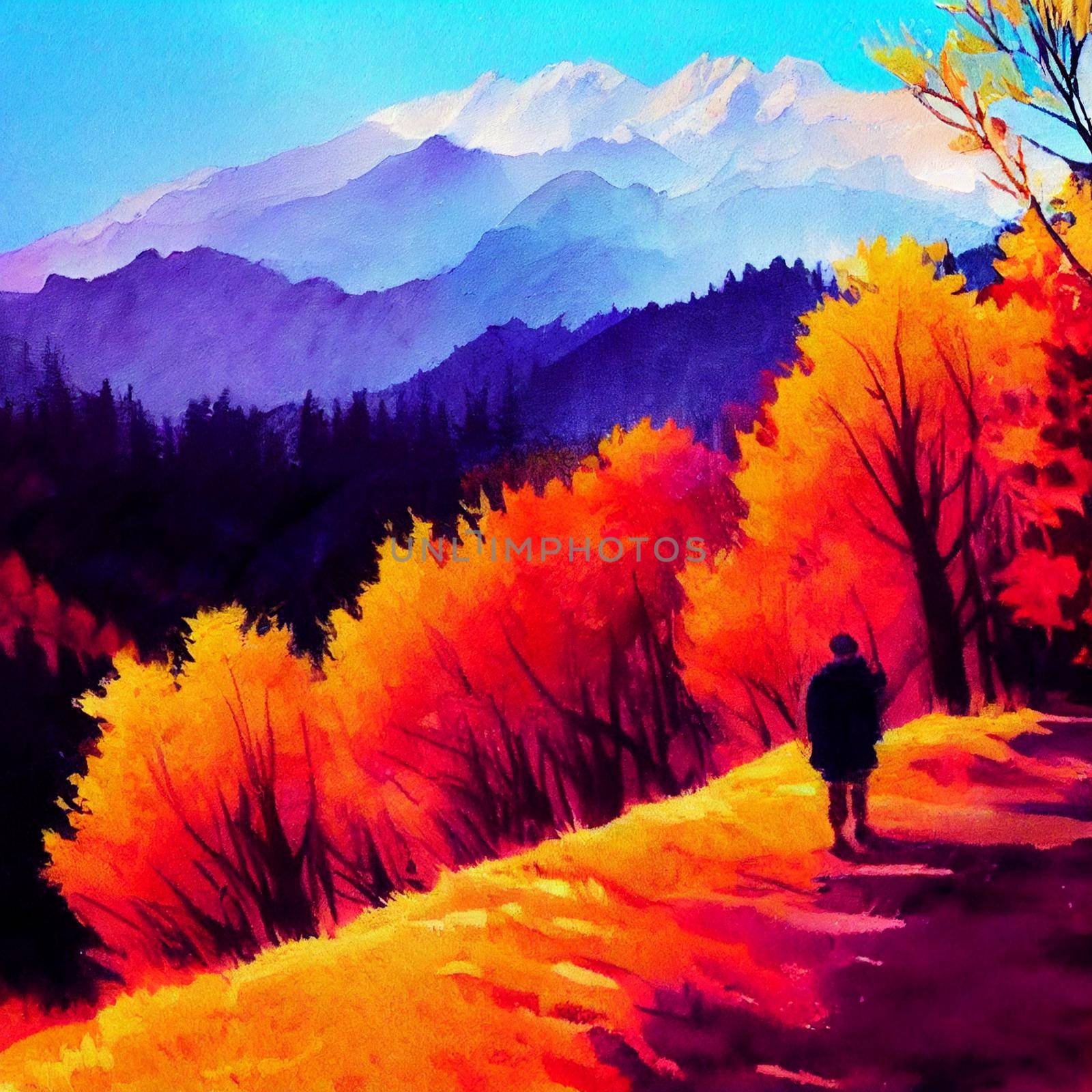 hiking in the autumn mountains, watercolor drawing by NeuroSky