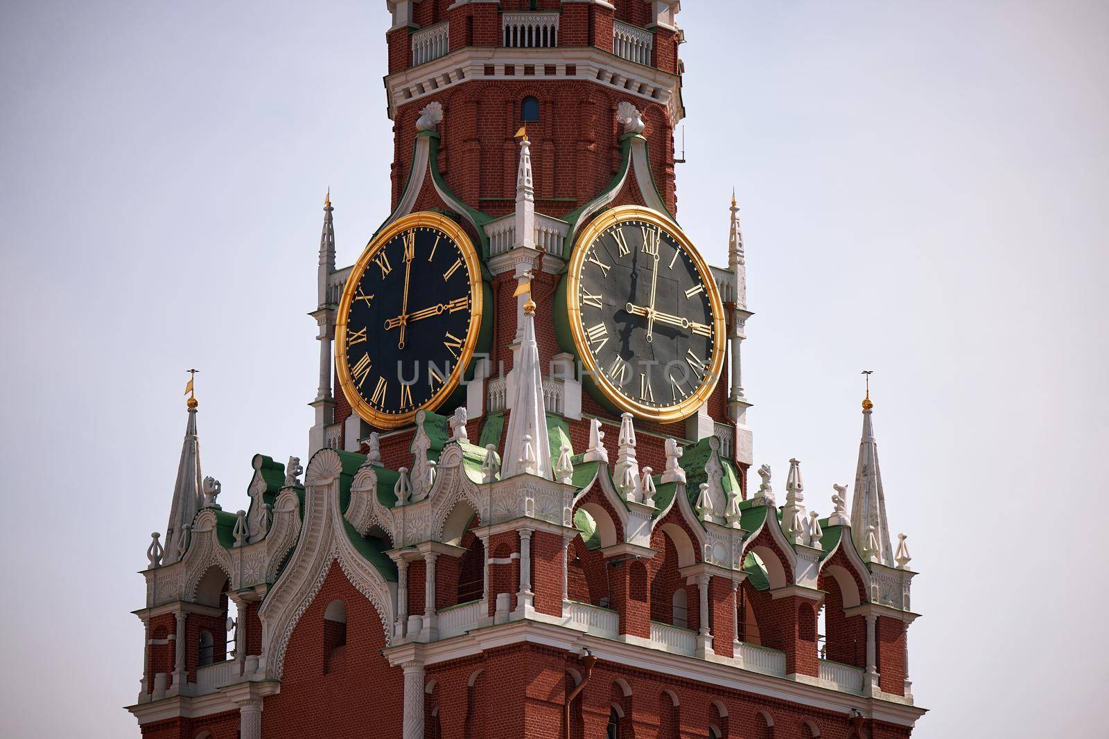 Spasskaya Tower of Moscow Kremlin. Famous chimes are the main clock of Russia. Sights of Russia, a historical building, symbol of the country. A Popular Attraction In Moscow.
