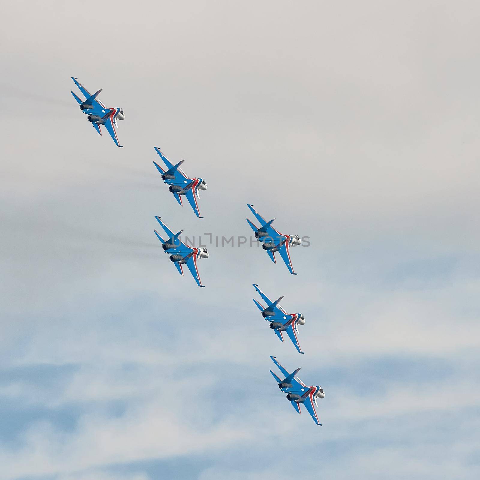 Performance of the aerobatic team Russian Knights, Russian Air Force. planes Sukhoi Su-30SM, NATO code name: Flanker-C. International Military-Technical Forum Army-2020 . 09.25.2020, Moscow, Russia by EvgeniyQW