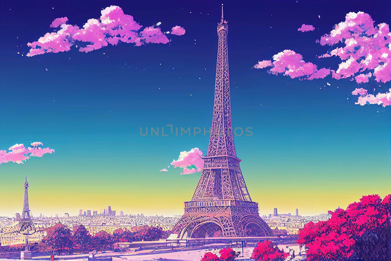 anime style, Eiffel Tower with blue sky Classical Paris illustration France capital city Esplanade du Trocadero Paris , Anime style no watermark