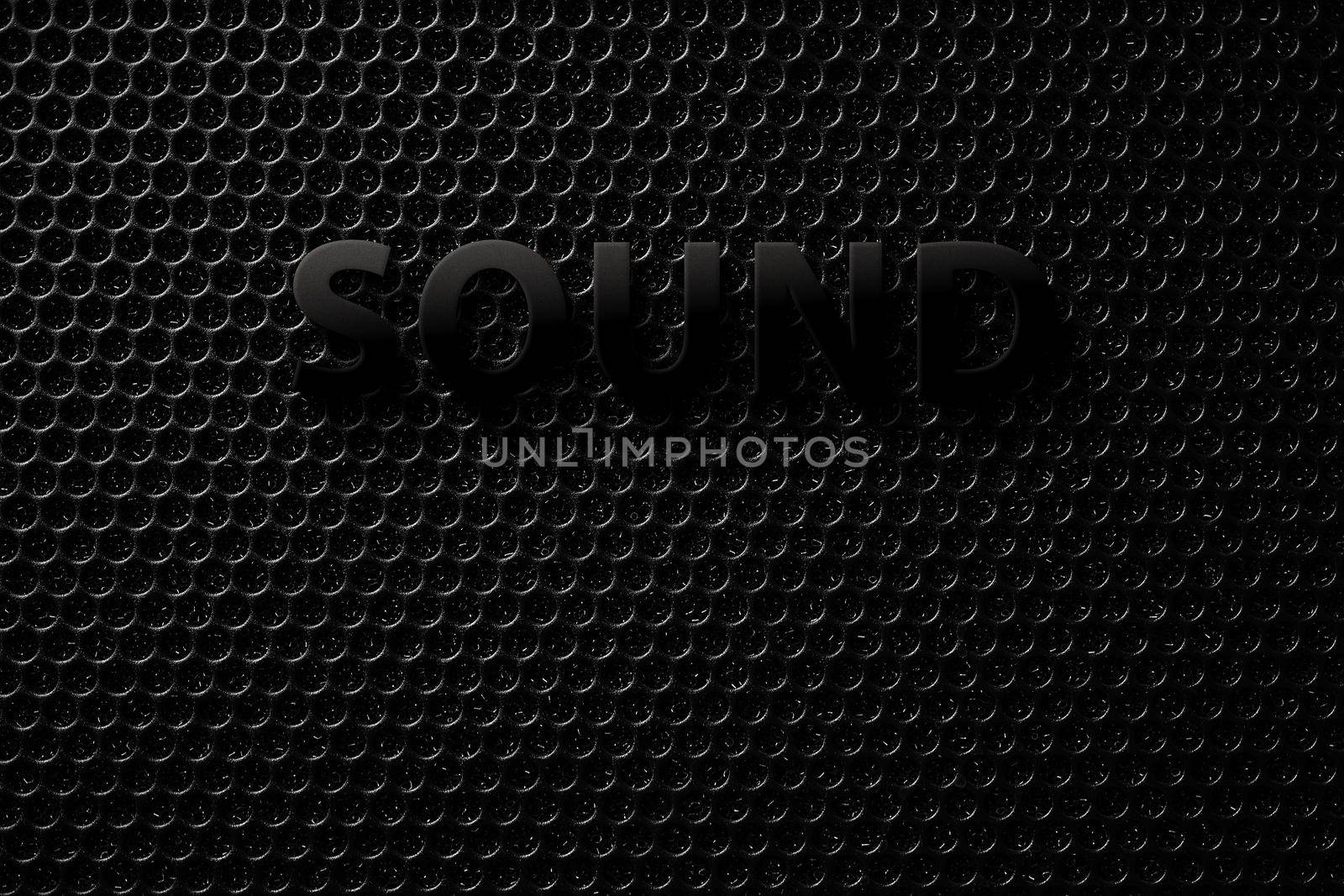 Inscription sound. Safety net on the music speaker. Protective grid audio speakers. Black safety net. Metal perforated mesh, abstract pattern, Abstract black background. Professional audio equipment.