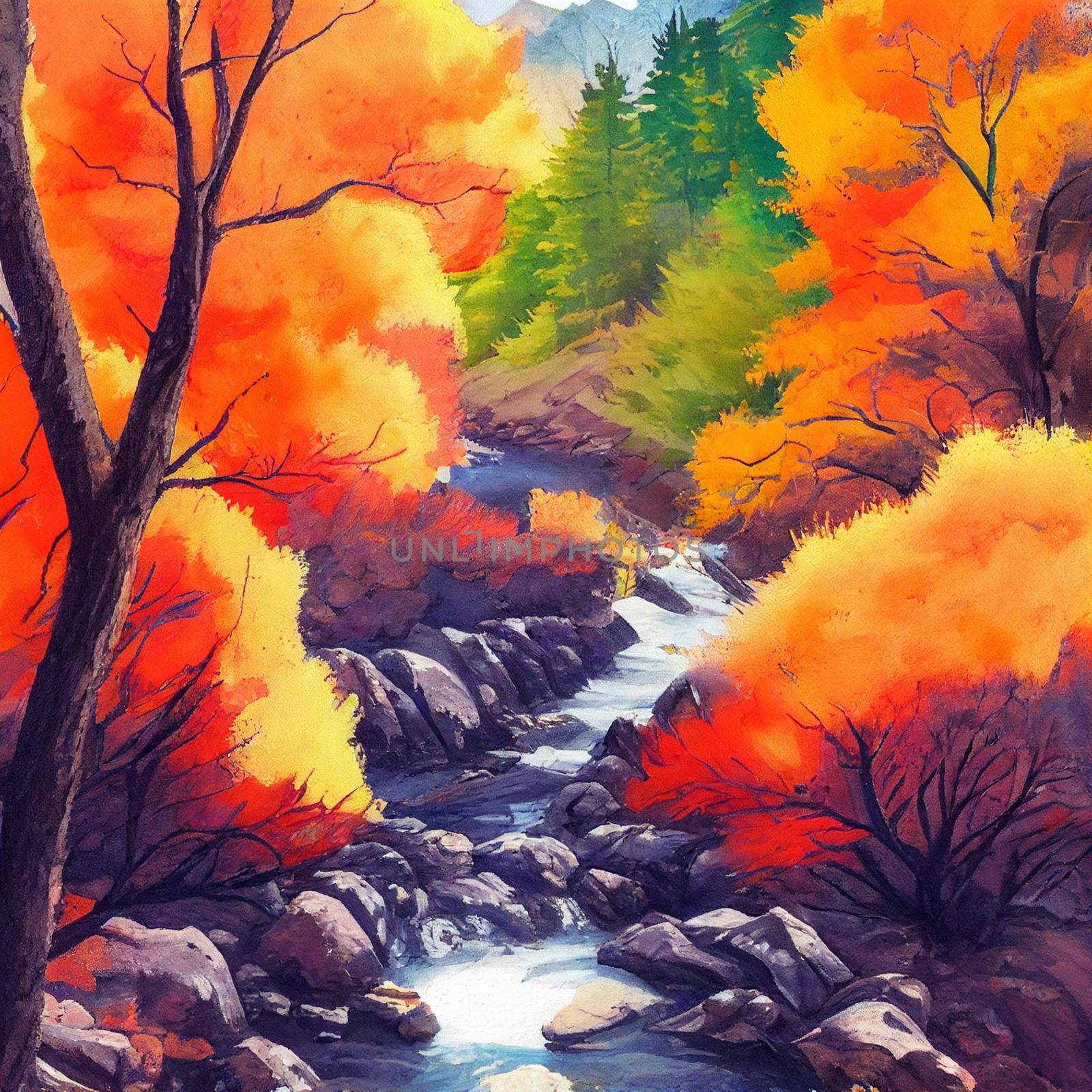 hiking in the autumn mountains, watercolor drawing by NeuroSky