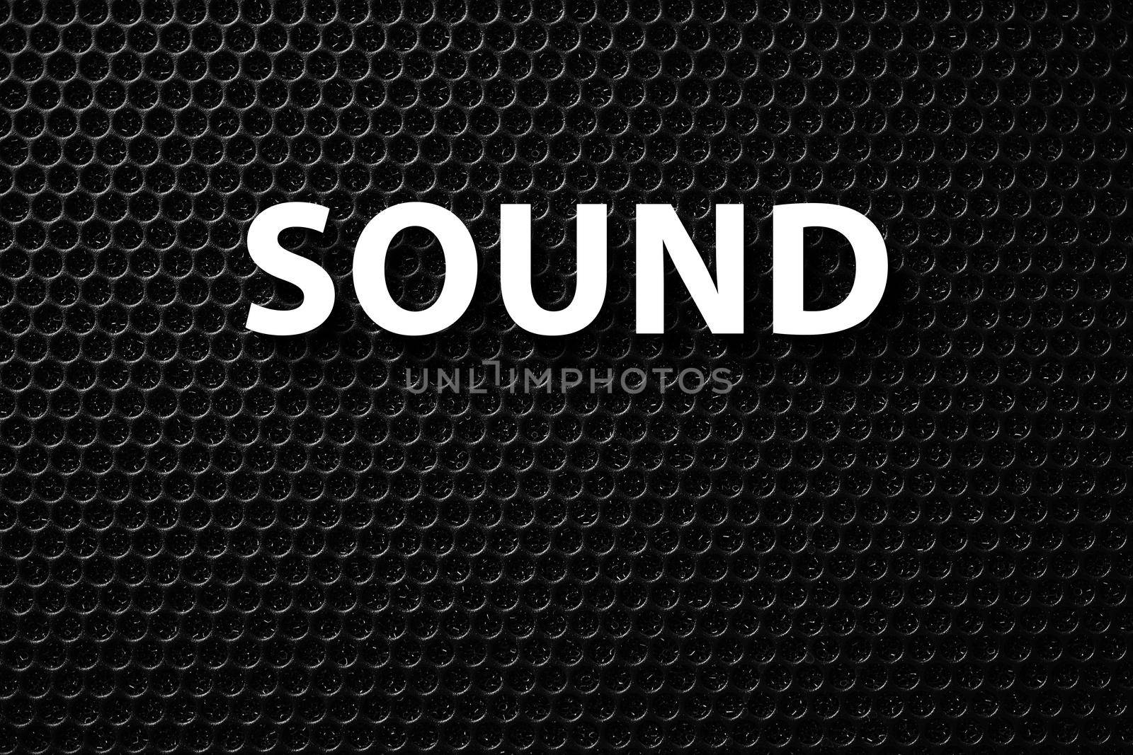 Inscription sound. Safety net on the music speaker. Protective grid audio speakers. Black safety net. Metal perforated mesh, abstract pattern, Abstract black background. Professional audio equipment.