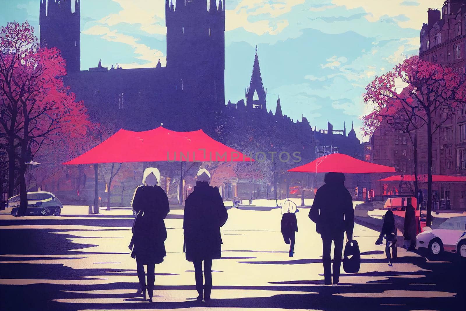 2d drawing Tourists walking around the capital city This is a famous landmark Edinurgh city centre scotland Uk th 2 , Anime style no watermark