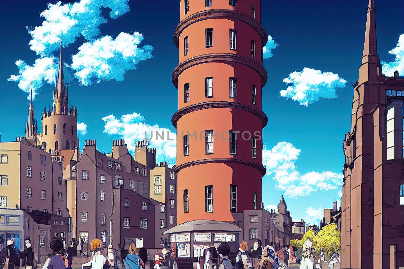 anime Tourists walking around the capital city This is a famous landmark Edinurgh city centre scotland Uk th 2 , Anime style no watermark