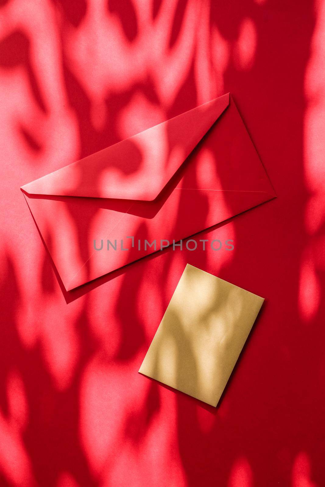 Beauty brand identity as flatlay mockup design, business card and letter for online luxury branding on red shadow background by Anneleven