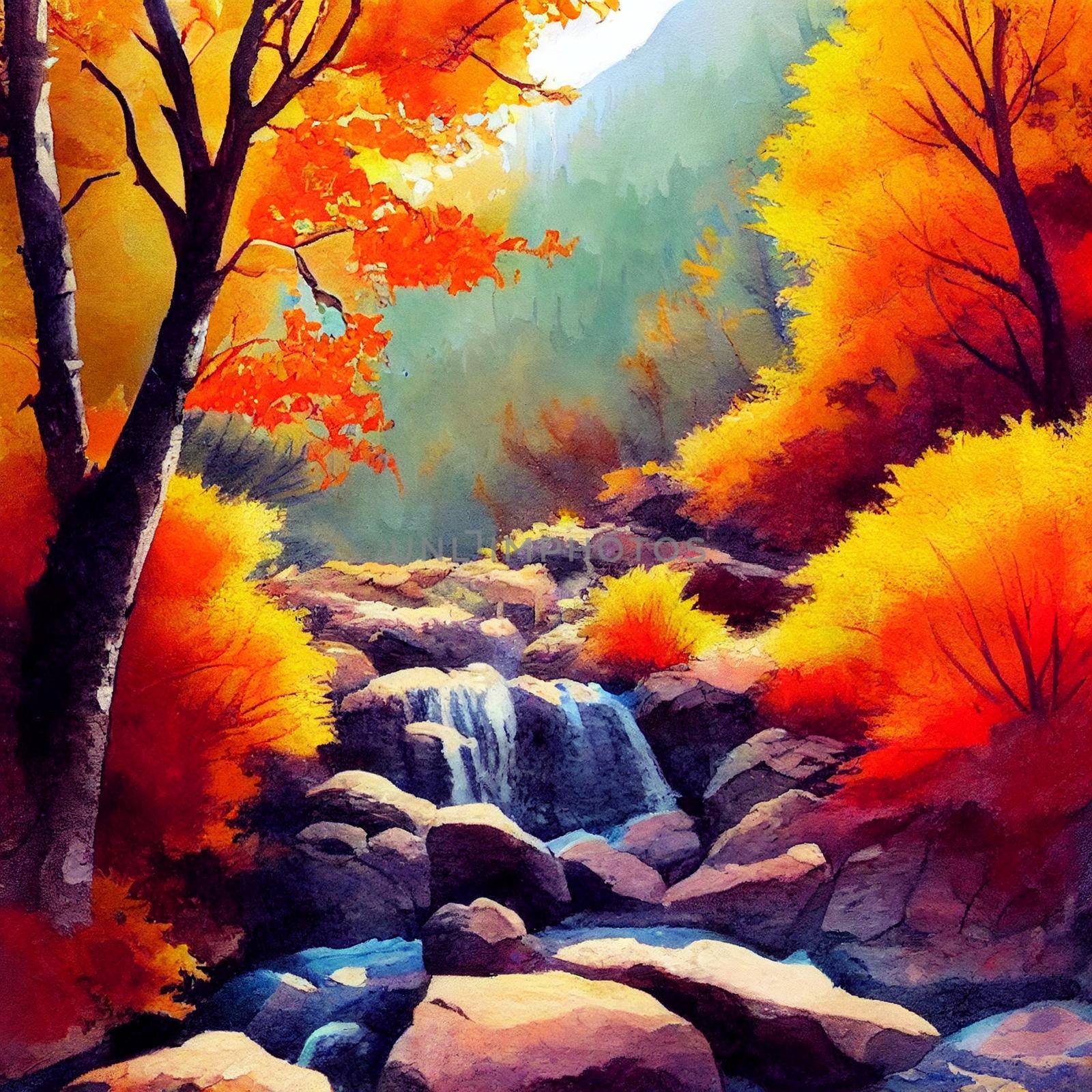 hiking in the autumn mountains, watercolor drawing. High quality illustration