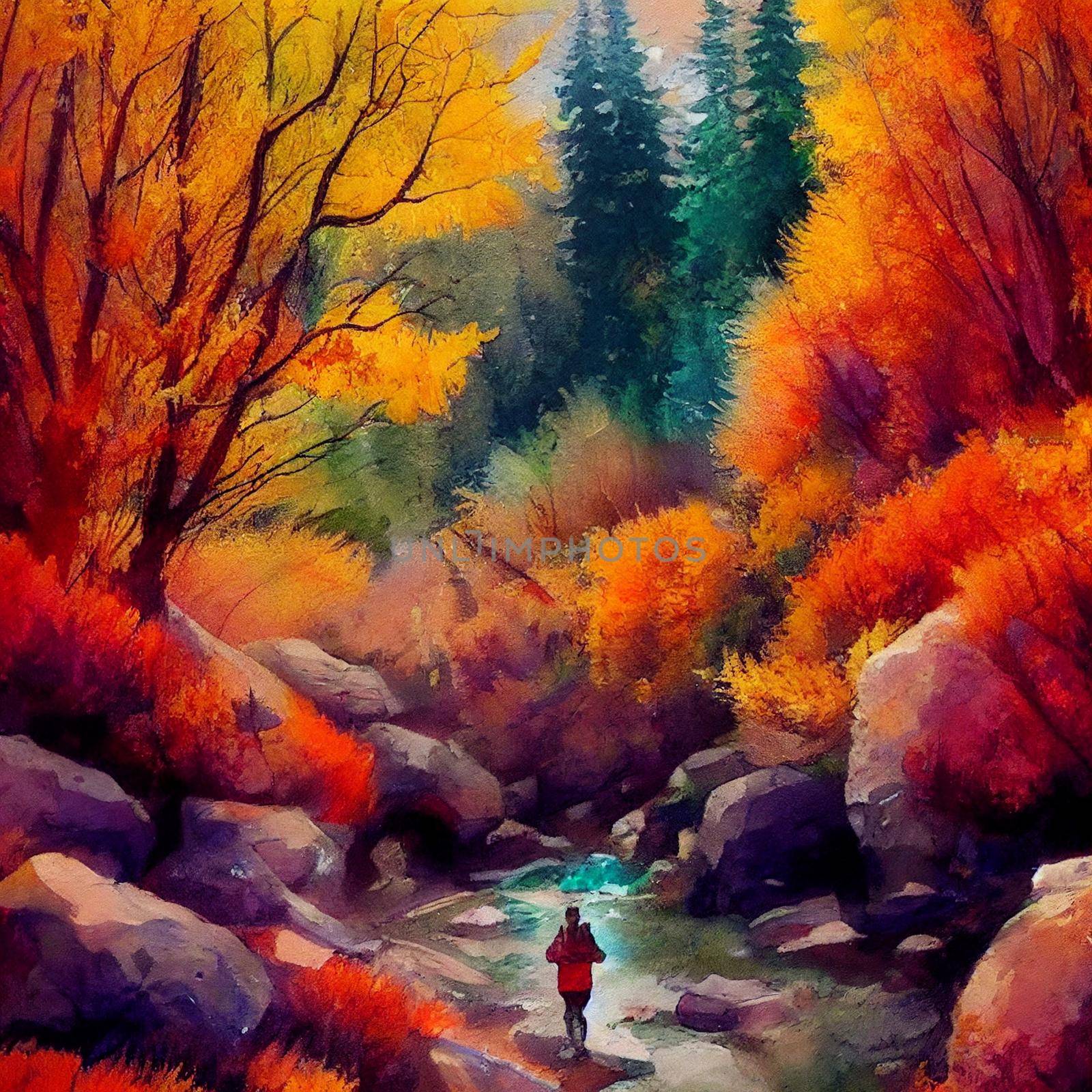 hiking in the autumn mountains, watercolor drawing by NeuroSky