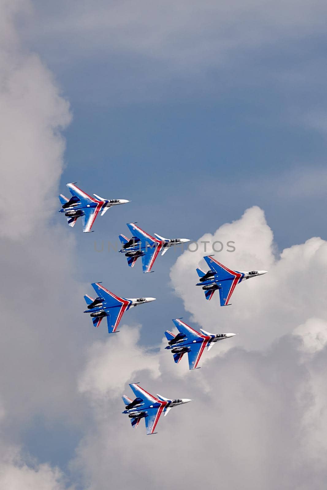 Performance of the aerobatic team Russian Knights, Russian Air Force. On planes Sukhoi Su-30SM, NATO code name: Flanker-C. International Military-Technical Forum Army-2020 . 09.25.2020, Moscow, Russia