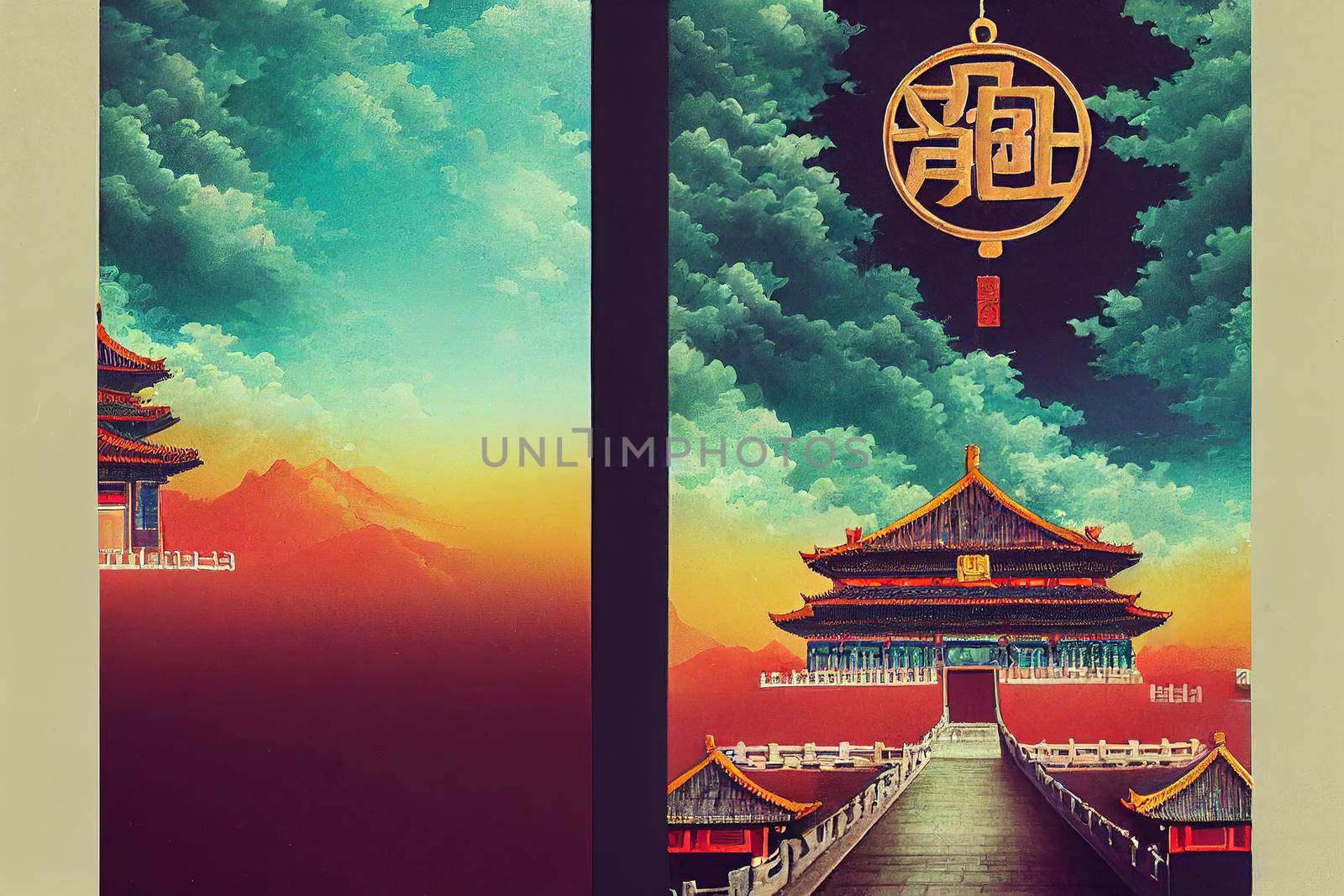 anime style, Wide angle view of The Forbidden City shrouded by heavy smog Beijing China Chinese characters on the door mean (translation) The Gate of Divine Might or Gate of Divine Prowess , Anime sty