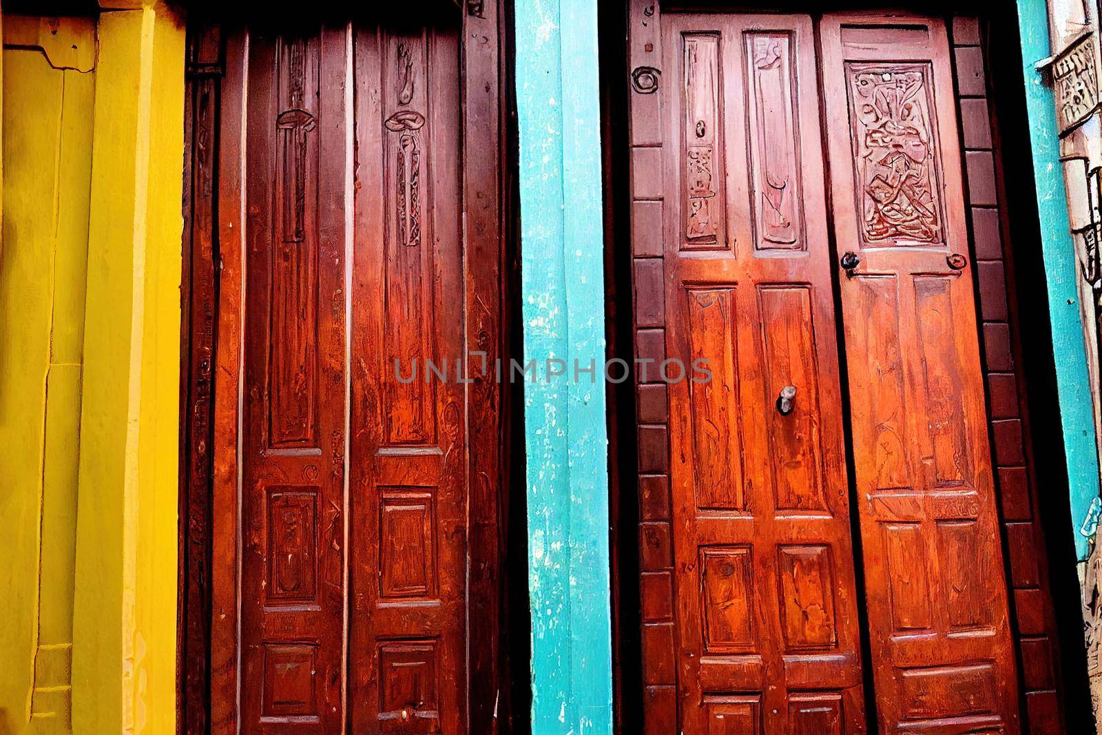 cartoon drawing Vintage carving wooden doors in Kala the oldest part of the capital city of Georgia , Anime style no watermark