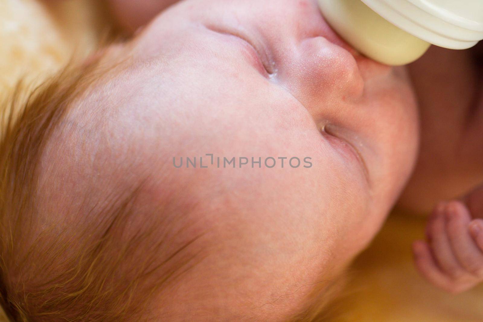 Newborn baby girl at feeding time.
