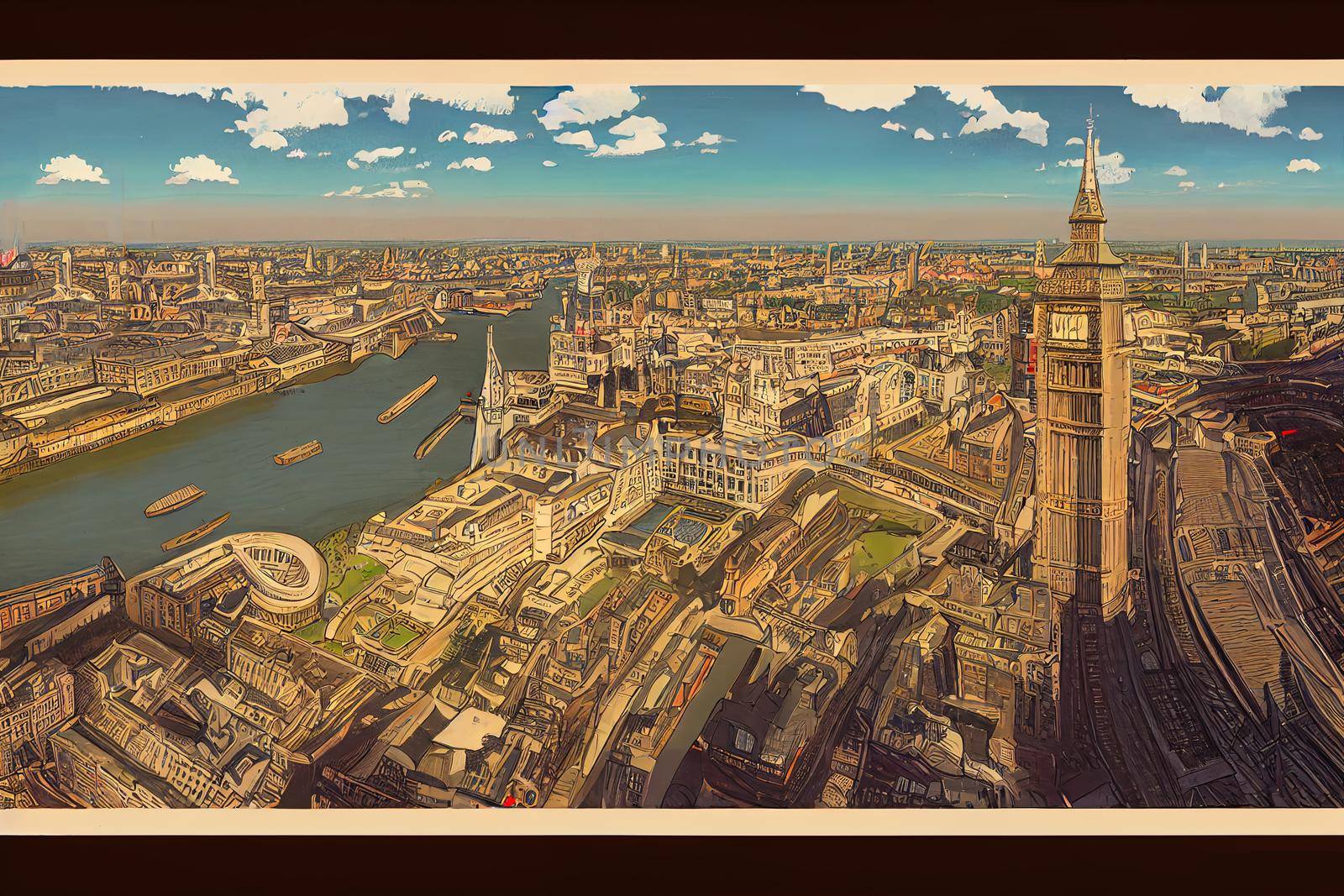 cartoon drawing hight view of the London City Hall council at the bank of the River Thamesbusiness aria view from the Tower Bridge , Anime style