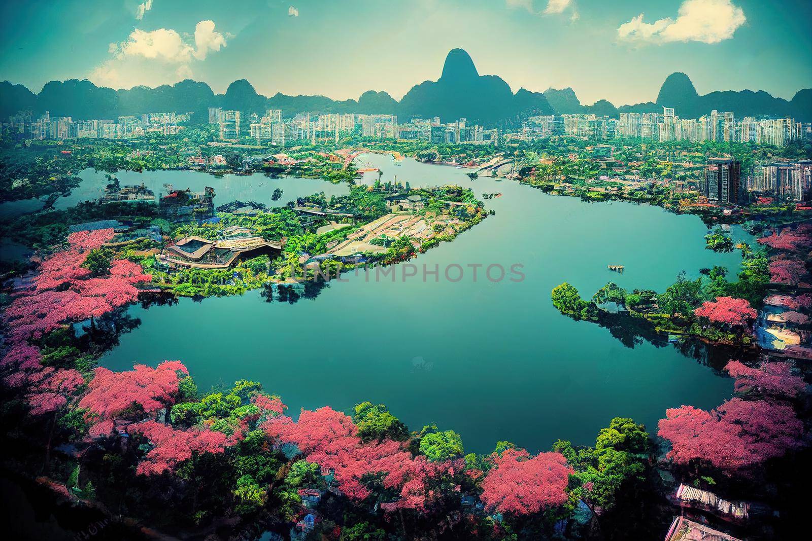 anime style, Aerial skyline view of West Lake in Hanoi Vietnam , Anime style no watermark