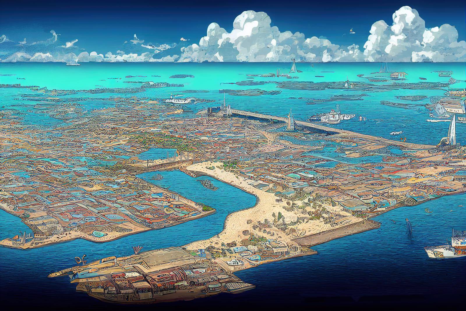 Cartoon drawing Kralendijk capital city and harbor of Bonaire Island Caribbean Netherlands , Anime style no watermark