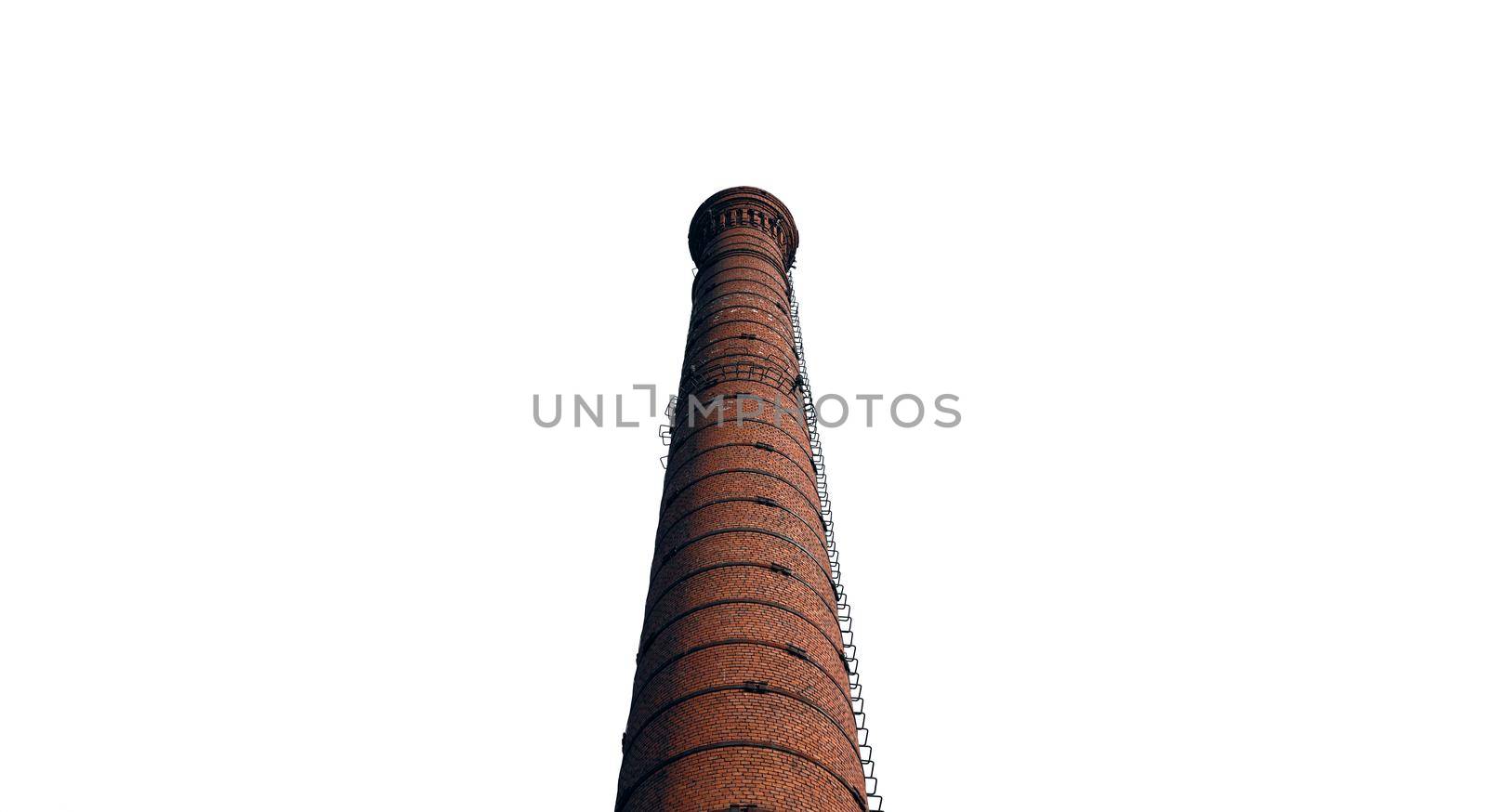 A large chimney in an old factory. smoke stack An old brick chimney on a white background.