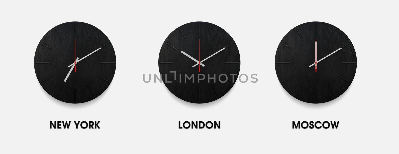 Set of stylish black clock for time zones different cities. Black and white watch on a white background by EvgeniyQW