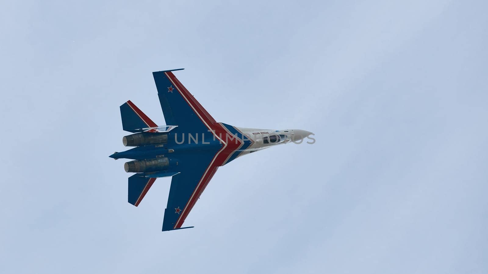 Performance of the aerobatic team Russian Knights, Russian Air Force. On planes Sukhoi Su-30S, NATO code name: Flanker-E. International Military-Technical Forum Army-2020 . 09.25.2020, Moscow, Russia.