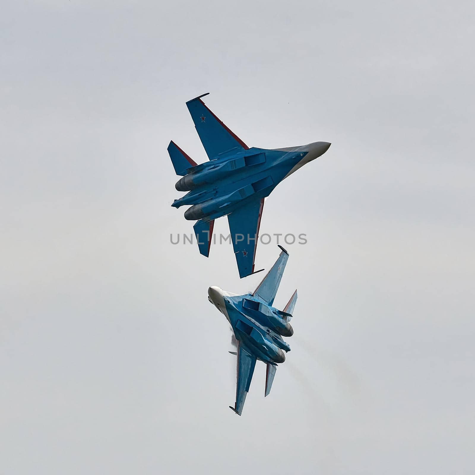 Performance of the aerobatic team Russian Knights, Russian Air Force. On planes Sukhoi Su-30S, NATO code name: Flanker-E. International Military-Technical Forum Army-2020 . 09.25.2020, Moscow, Russia.