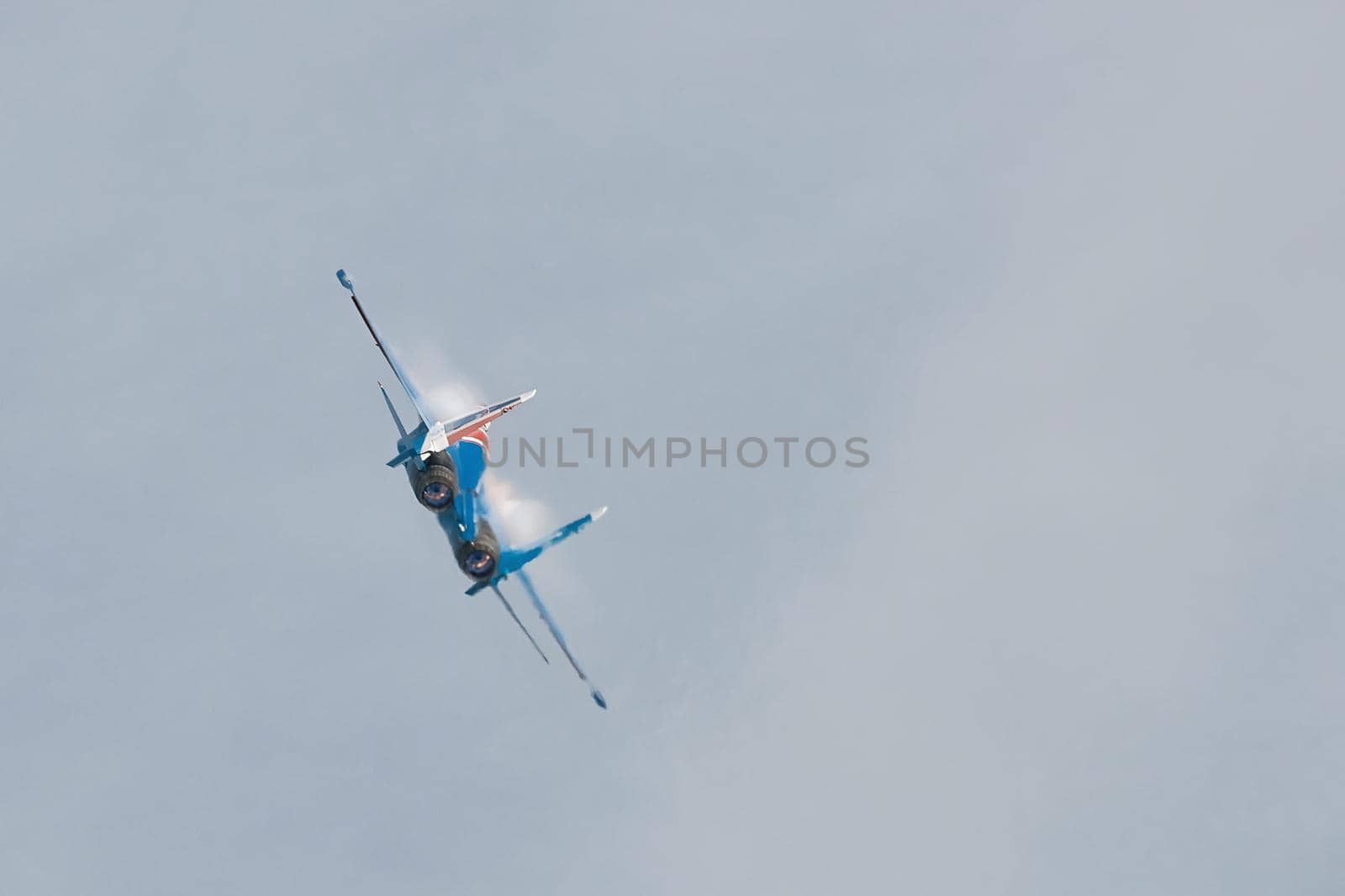 Performance of the aerobatic team Russian Knights, Russian Air Force. On planes Sukhoi Su-30SM, NATO code name: Flanker-C. International Military-Technical Forum Army-2020 . 09.25.2020, Moscow, Russia