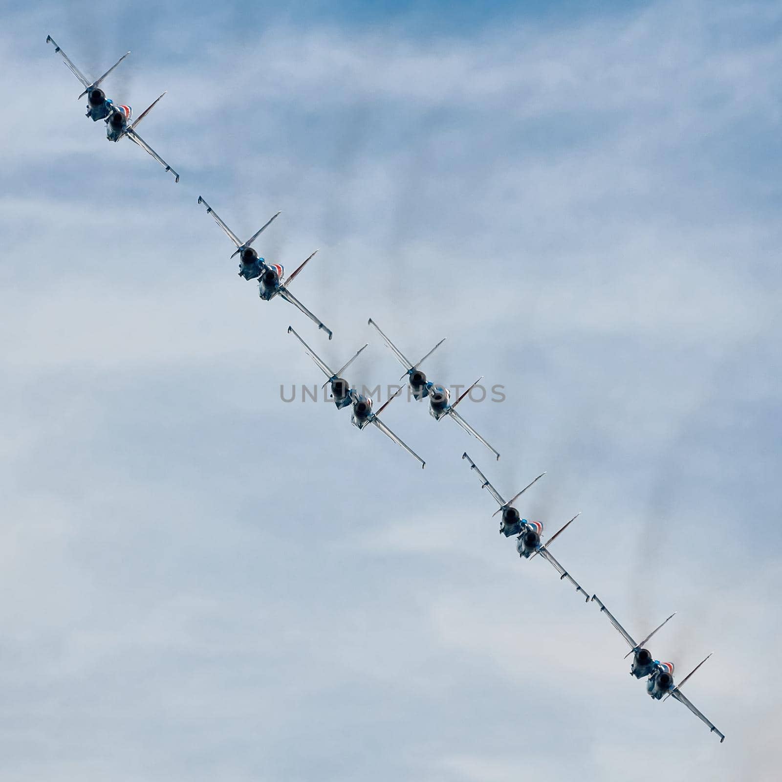 Performance of the aerobatic team Russian Knights, Russian Air Force. On planes Sukhoi Su-30SM, NATO code name: Flanker-C. International Military-Technical Forum Army-2020 . 09.25.2020, Moscow, Russia