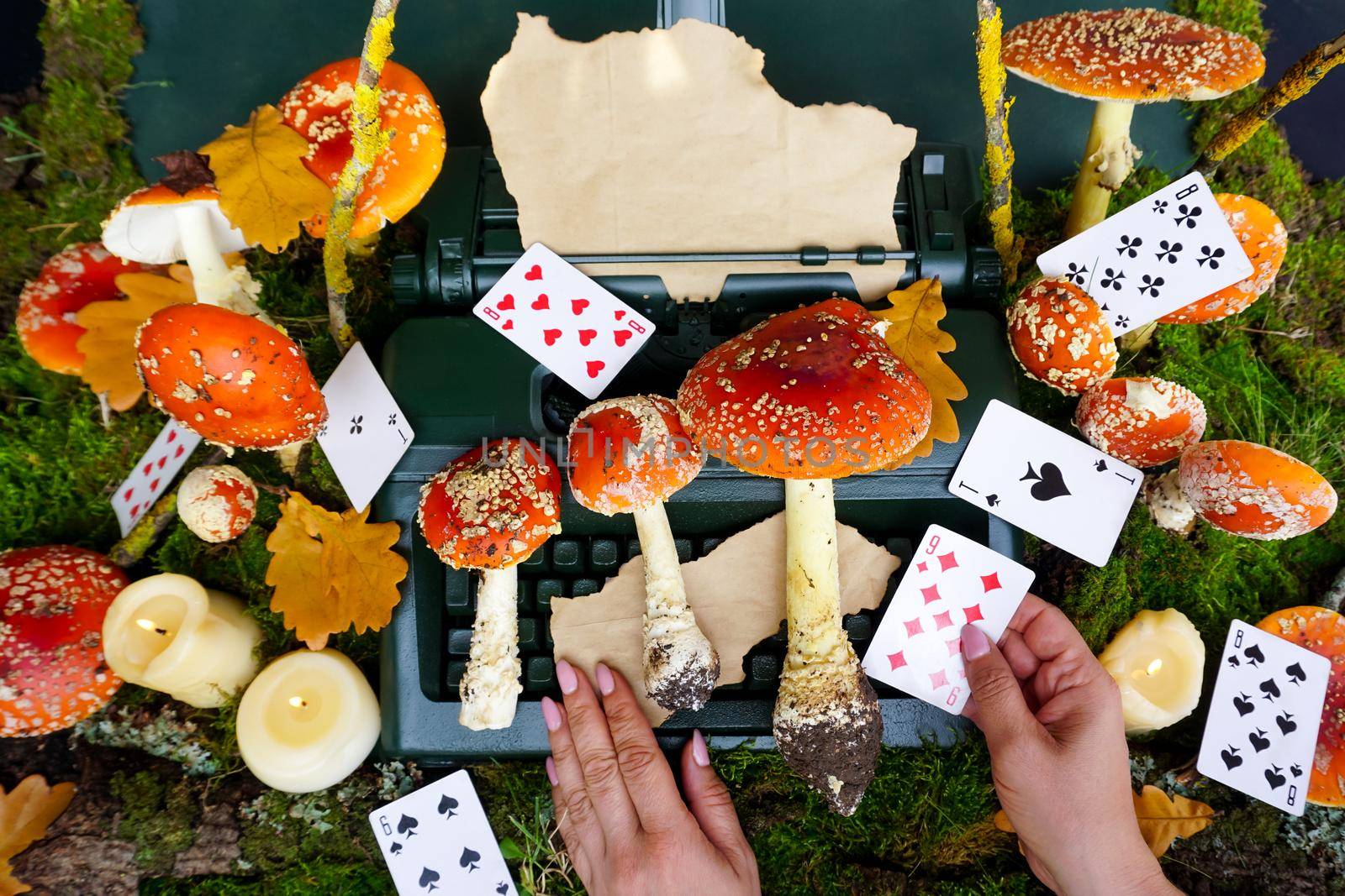Conceptual creative photo of fortune-telling on cards. An old typewriter. Halloween greeting card. Fly agaric, cards, prediction, casino.