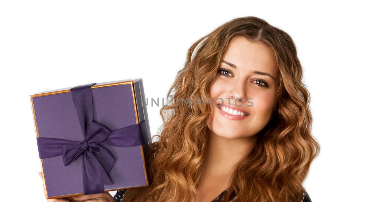 Birthday, Christmas or holiday present, happy woman holding a purple gift or luxury beauty box subscription delivery isolated on white background by Anneleven