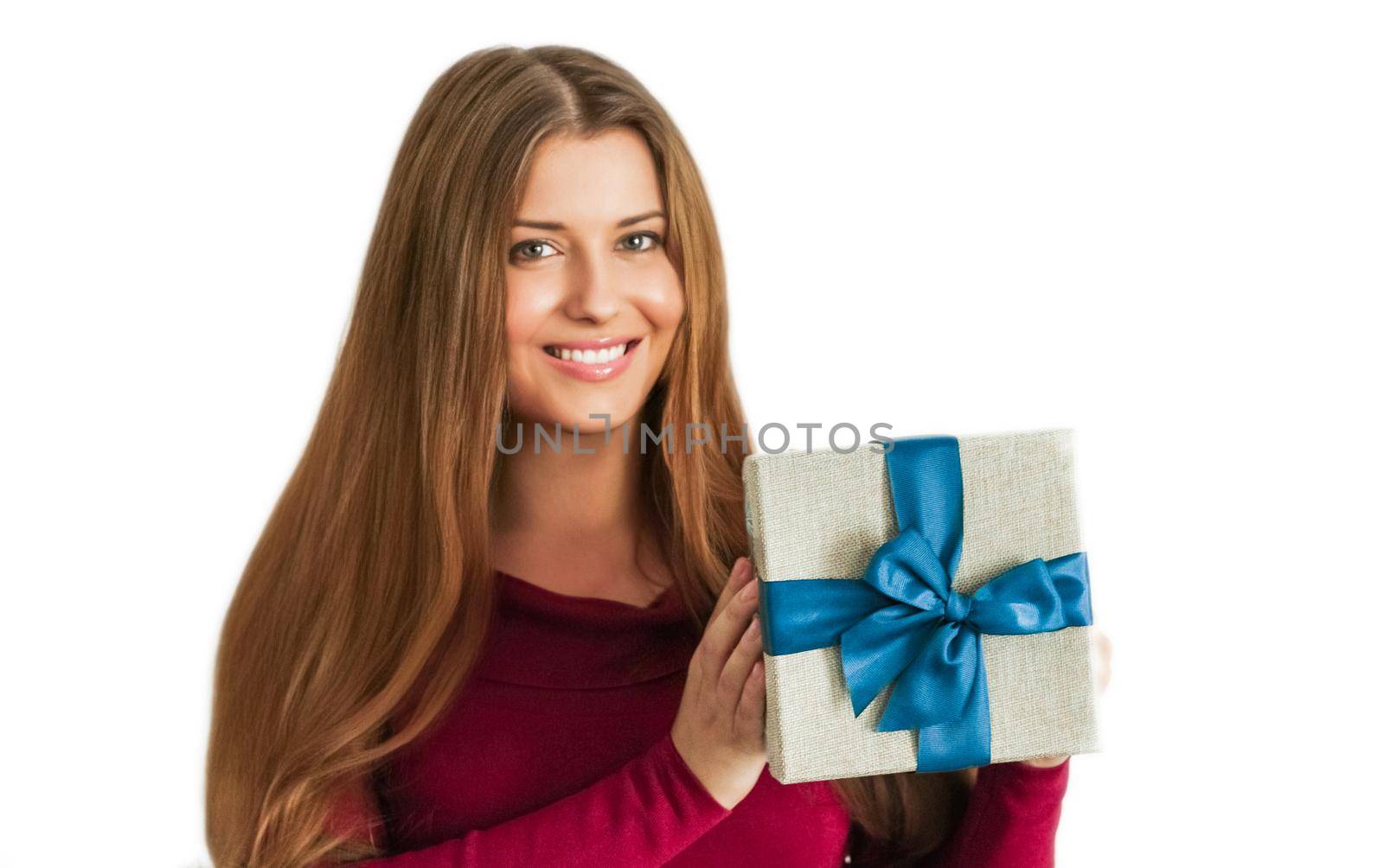 Christmas holiday present, happy woman holding a gift or luxury beauty box subscription delivery isolated on white background, portrait