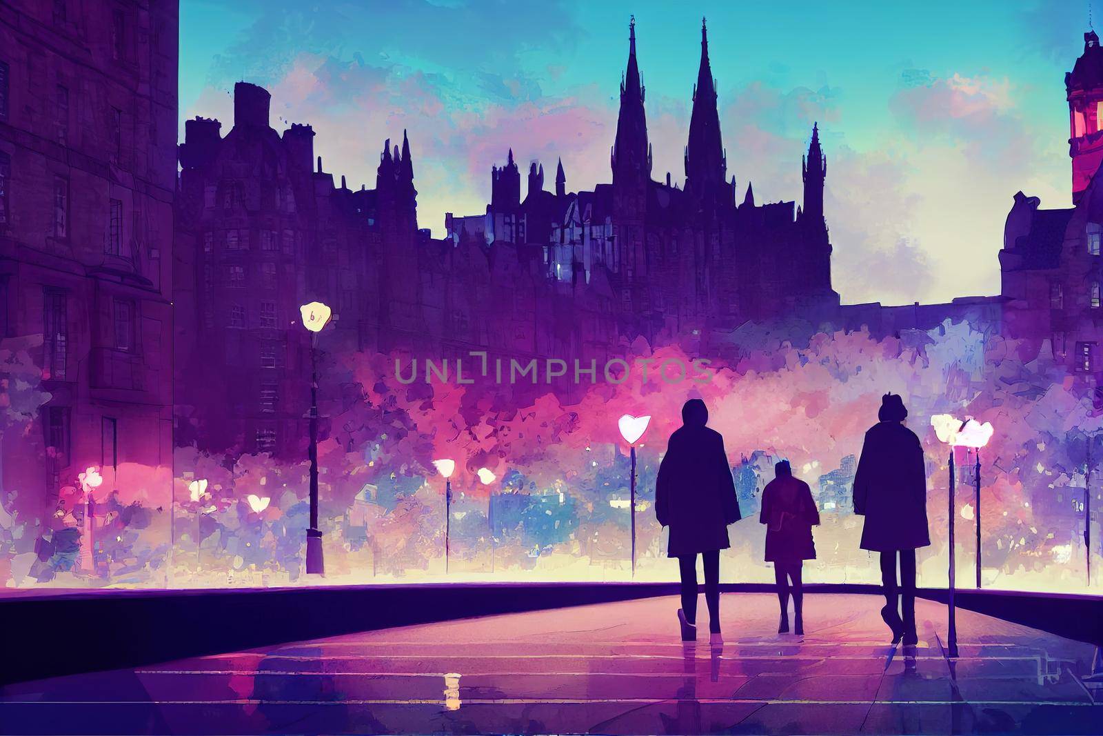 2d drawing Tourists walking around the capital city This is a famous landmark Edinurgh city centre scotland Uk th 2 , Anime style no watermark