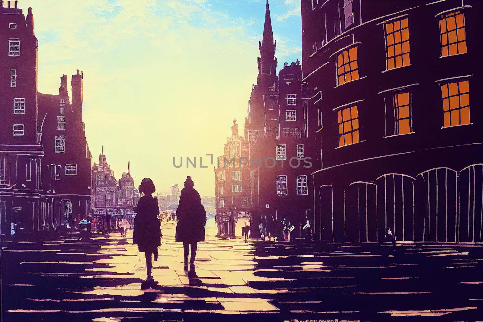 2d drawing Tourists walking around the capital city This is a famous landmark Edinurgh city centre scotland Uk th 2 , Anime style no watermark