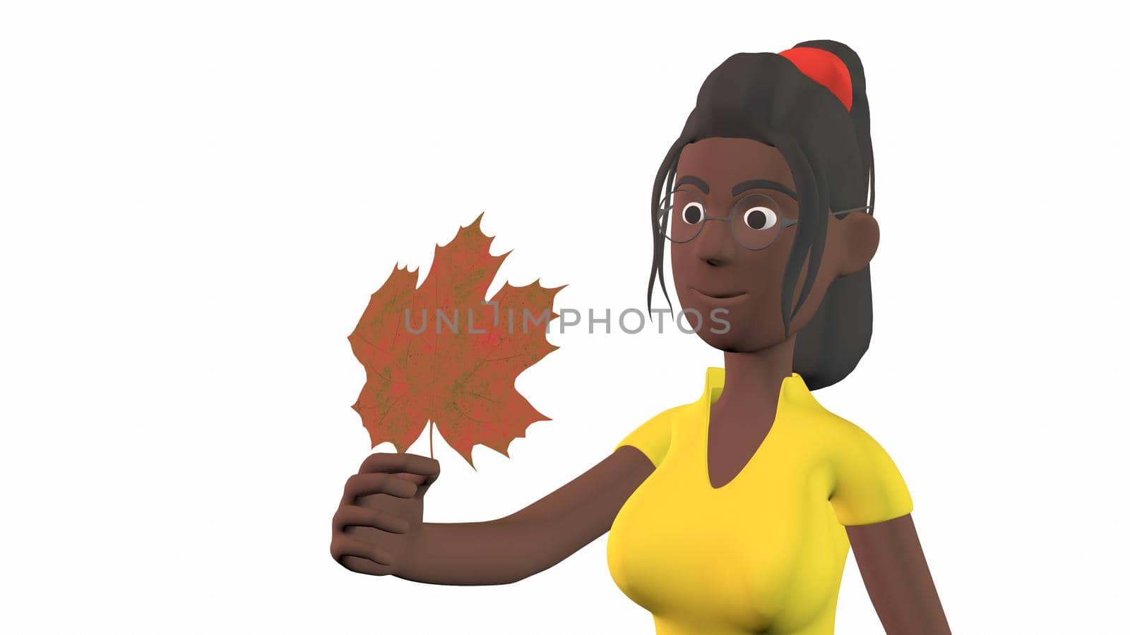 a black girl with a large maple leaf in her hands on an orange background 3d-rendering.