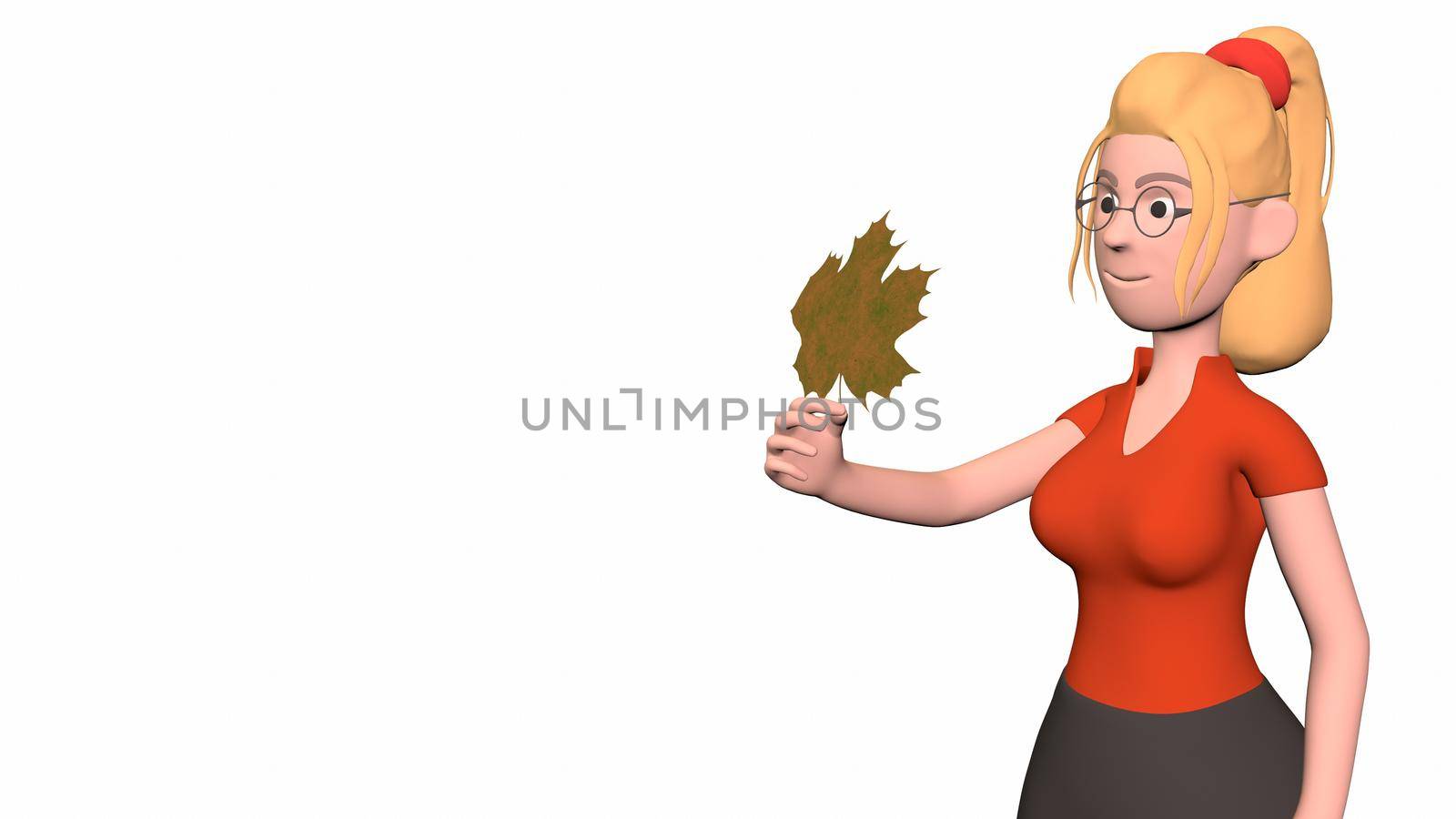 a girl with a large maple leaf in her hands on a white background 3d-rendering.