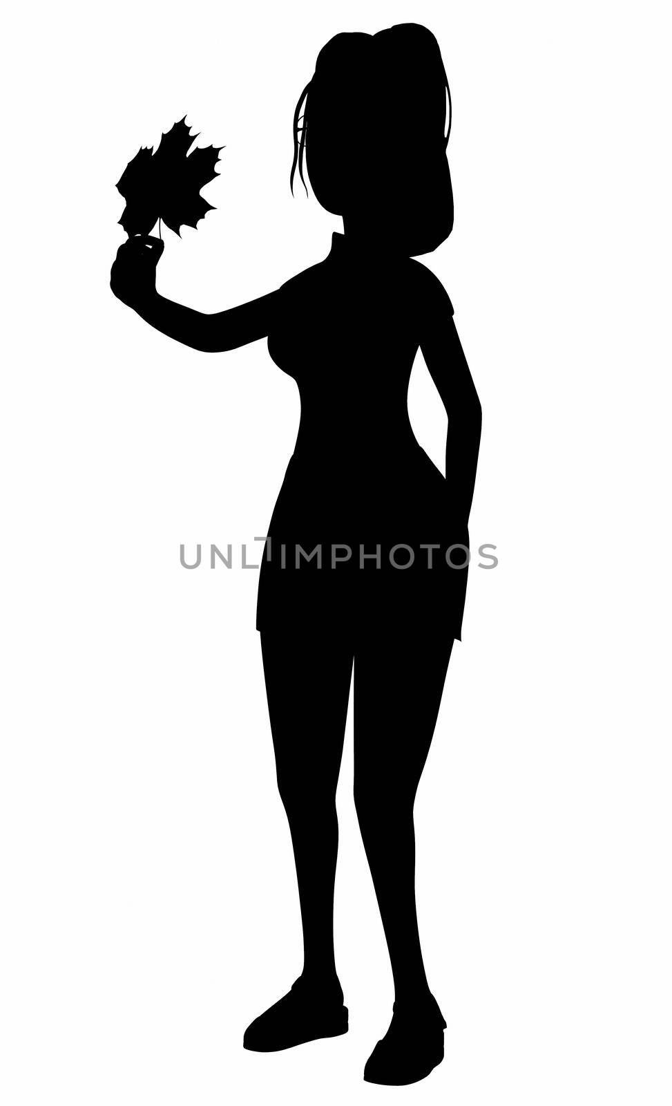 silhouette of a girl with a maple leaf in her hands on a white background 3d-rendering.