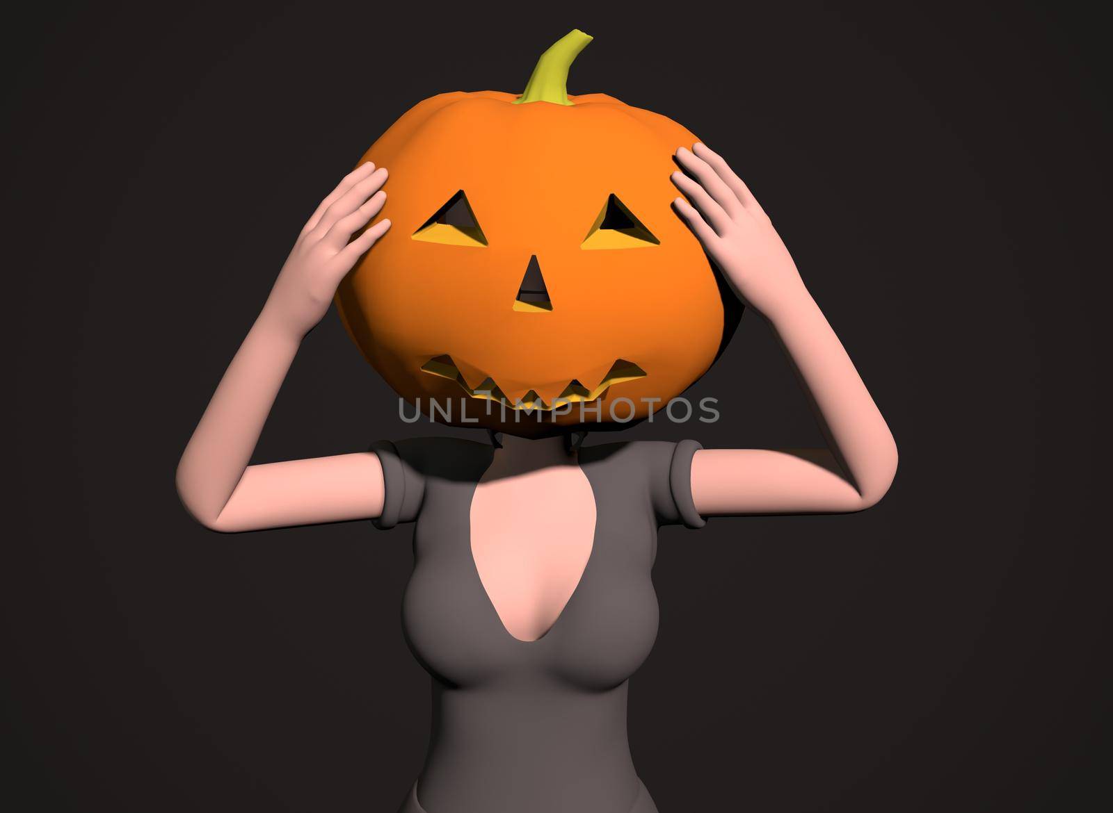 a girl with a pumpkin on her head on a black background 3d-rendering.