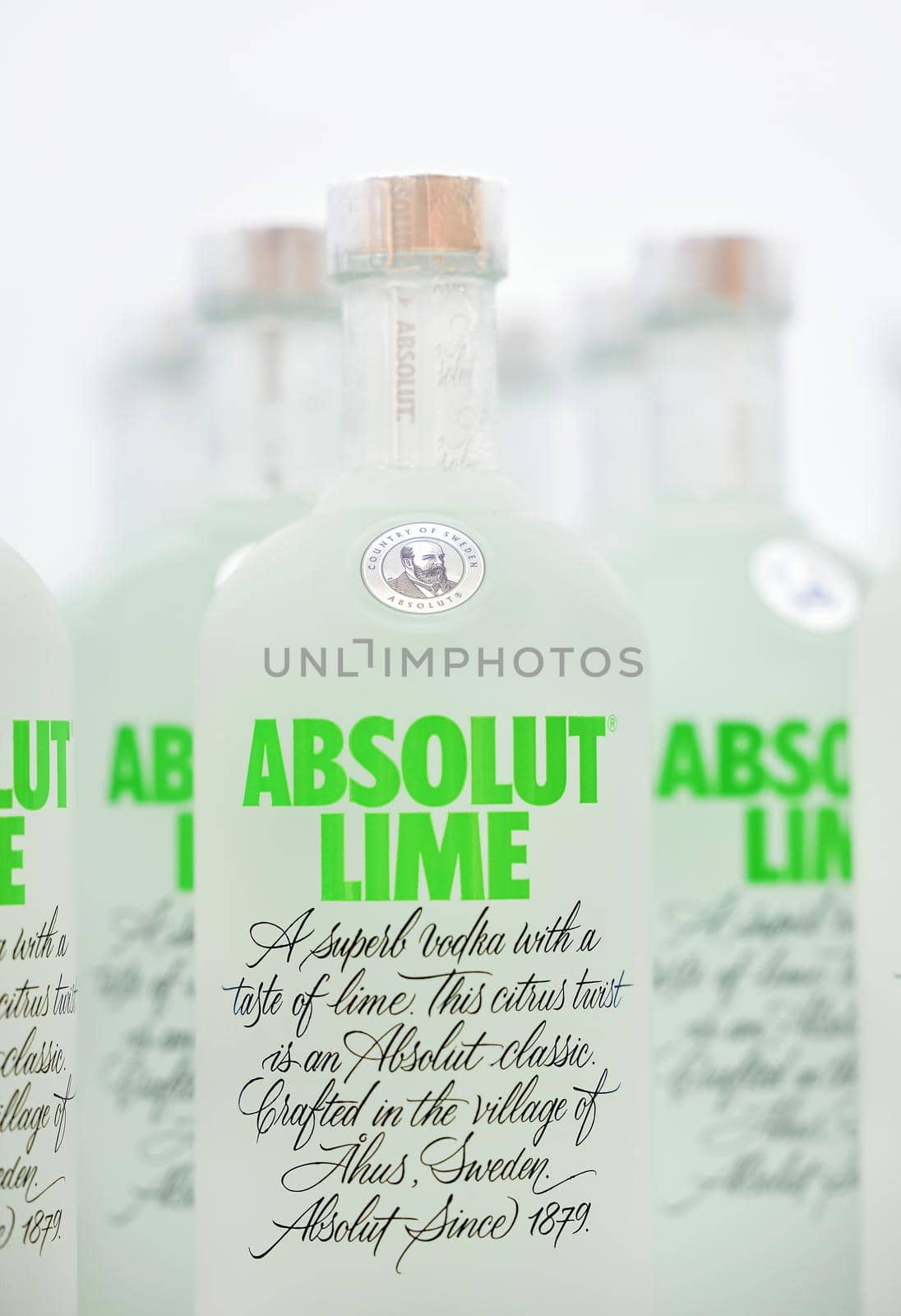 Bottles of Swedish vodka Absolut Lime. Bottles of Absolut Lime Vodka on a shelf of a duty free shop in Dubai Airport. 12,02,2022, Dubai, UAE.