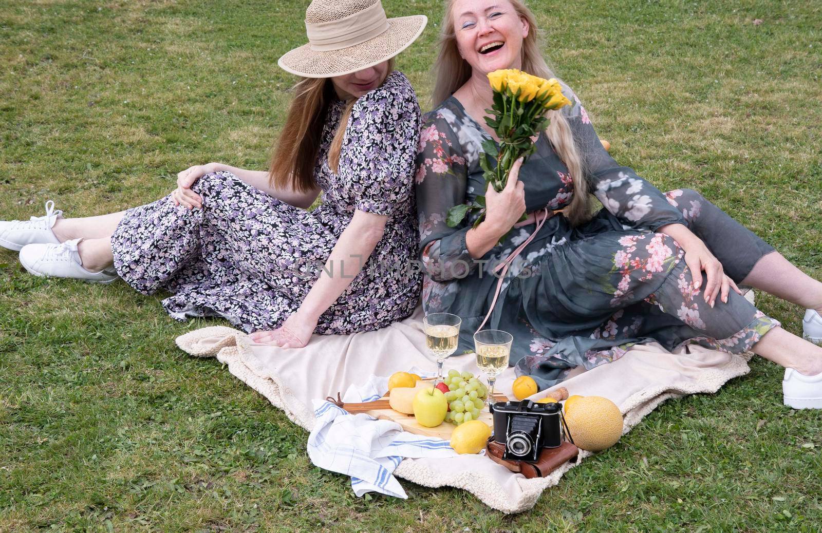 two young women in a summer long dresses is resting on a picnic,Blanket on grass by KaterinaDalemans