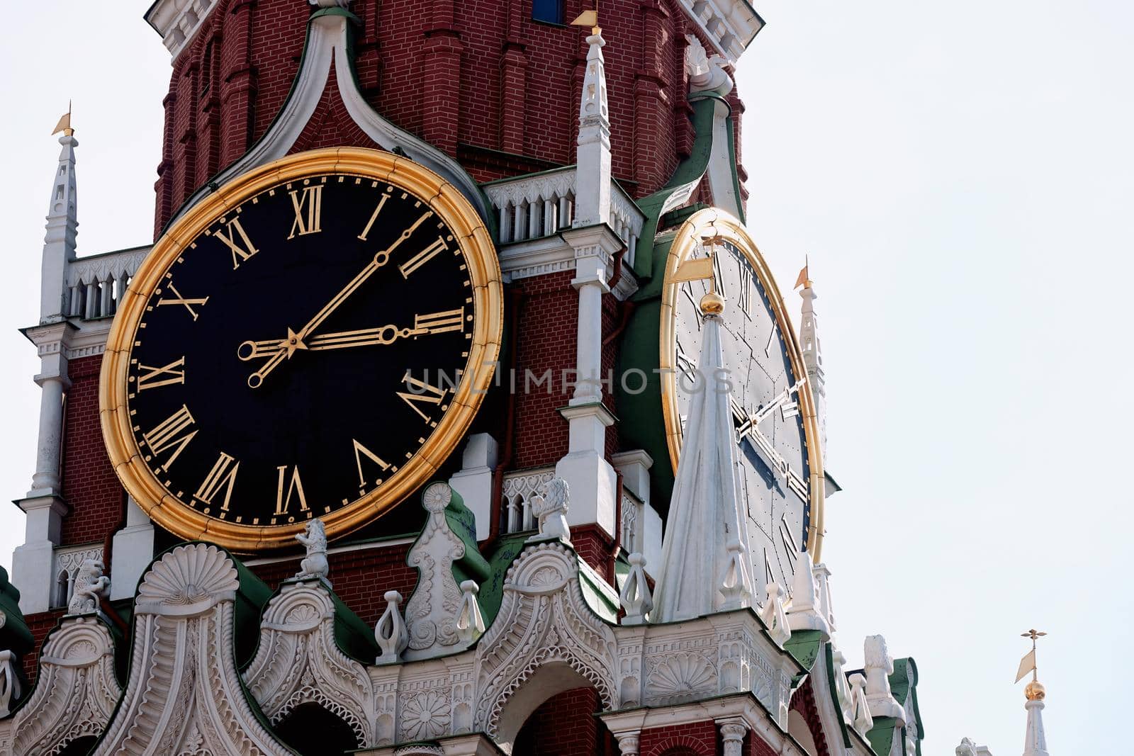 Spasskaya Tower of Moscow Kremlin. Famous chimes are the main clock of Russia. Sights of Russia, a historical building, symbol of the country. A Popular Attraction In Moscow.